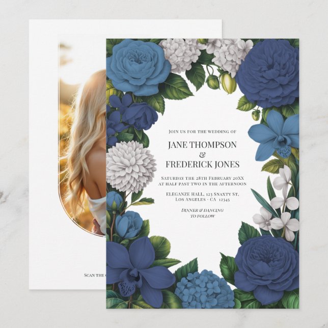Navy, Dusty Blue & Silver Floral Wedding Invitation (Front/Back)