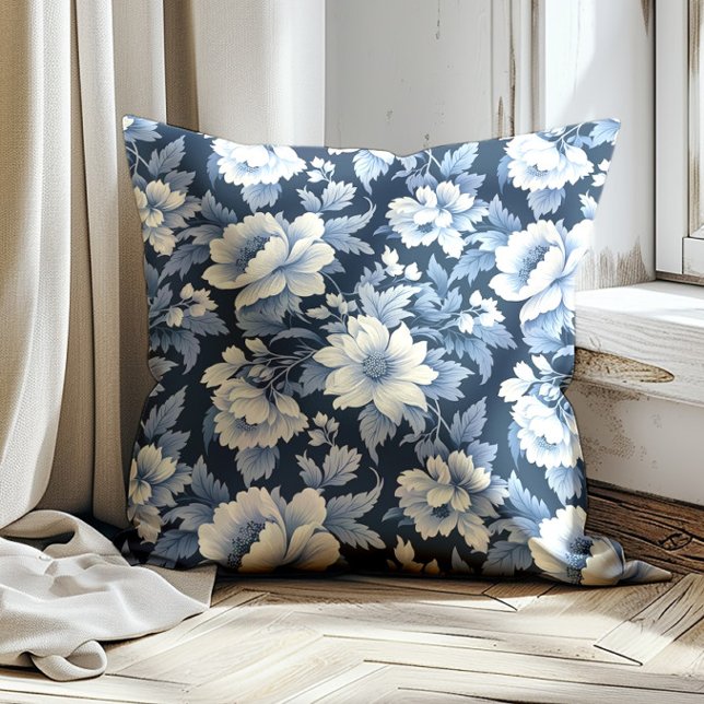 Navy Dusty Blue Vintage Floral Throw Pillow (Elegant navy blue, dusty blue, and white vintage floral decorator pillow)