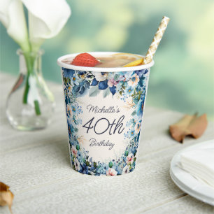 Navy Dusty Blue Watercolor Floral 40th Birthday Paper Cups