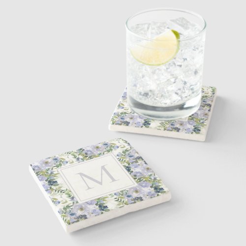 Navy Dusty Blue Watercolor Flowers White Monogram Stone Coaster