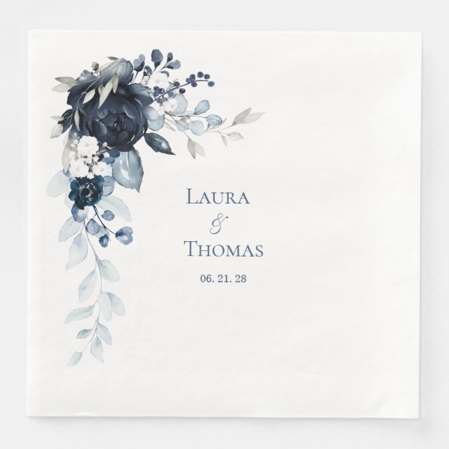 Navy Dusty Blue & White Elegant Wedding Paper Dinner Napkins (Front)