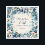 Navy Dusty Blue White Floral 40th Birthday Napkins<br><div class="desc">Elegant navy and dusty blue with white watercolor floral 40th birthday party paper napkins for women. Personalized with the name of the guest-of-honor and her party date. Contact me for assistance with your customizations or to request additional matching or coordinating Zazzle products for your event.</div>