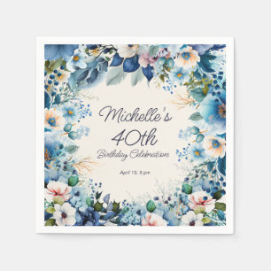 Navy Dusty Blue White Floral 40th Birthday Napkins