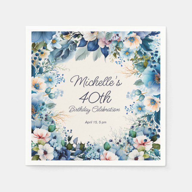 Navy Dusty Blue White Floral 40th Birthday Napkins (Front)