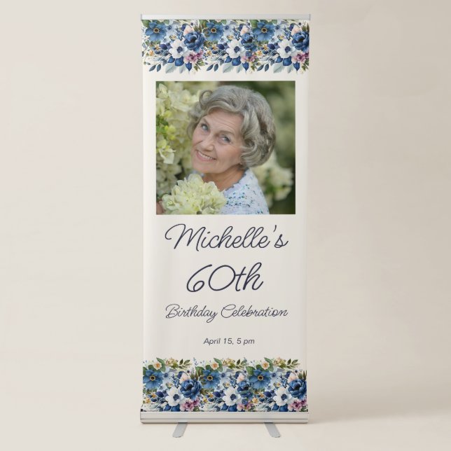 Navy Dusty Blue White Floral 60th Birthday Photo Retractable Banner (Front)