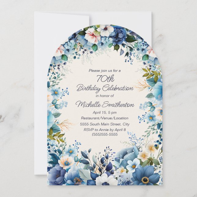 Navy Dusty Blue White Floral 70th Arch Birthday Invitation (Front)
