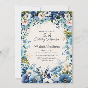Navy Dusty Blue White Floral 75th Birthday  Invitation