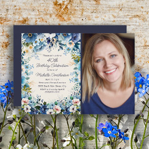 Navy Dusty Blue White Floral 75th Birthday Photo Invitation