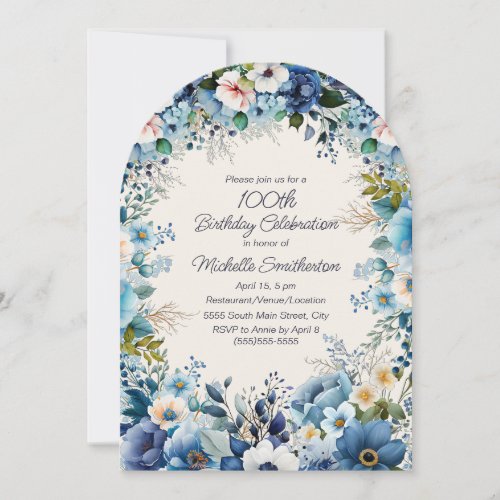 Navy Dusty Blue White Floral Arch 100th Birthday 