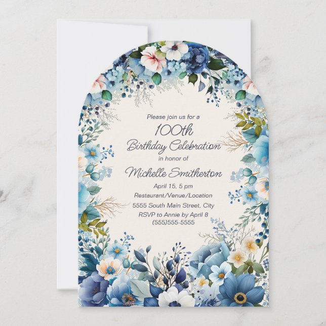 Navy Dusty Blue White Floral Arch 100th Birthday  Invitation (Front)