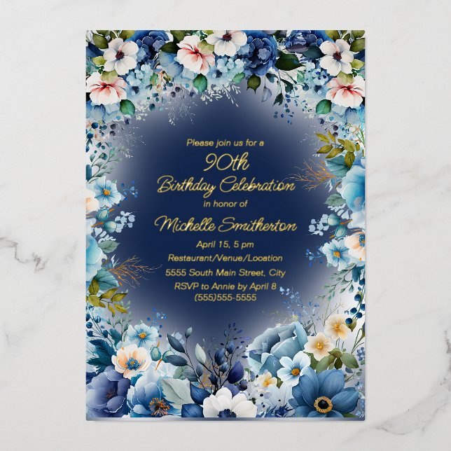 Navy Dusty Blue White Flowers 90th Birthday Foil Invitation (Front)