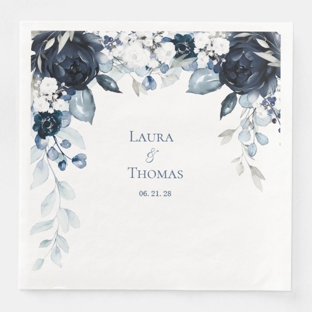 Navy Dusty Blue & White Garden Elegant Wedding Paper Dinner Napkins (Front)