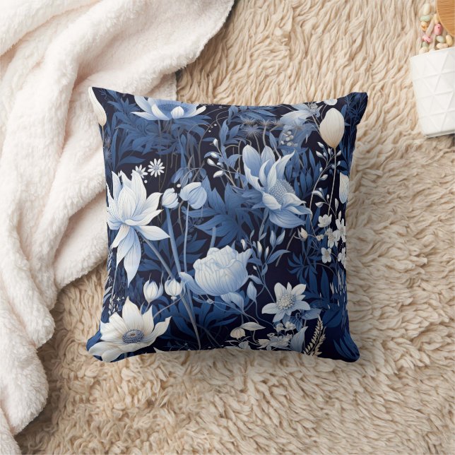 Navy Dusty Blue White Winter Flowers  Throw Pillow (Blanket)