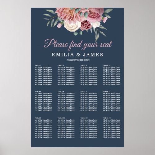 Navy Dusty Rose Floral Wedding Seating Chart