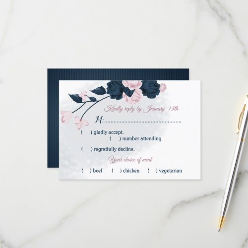 navy  dusty rose flowers meal choice  RSVP card