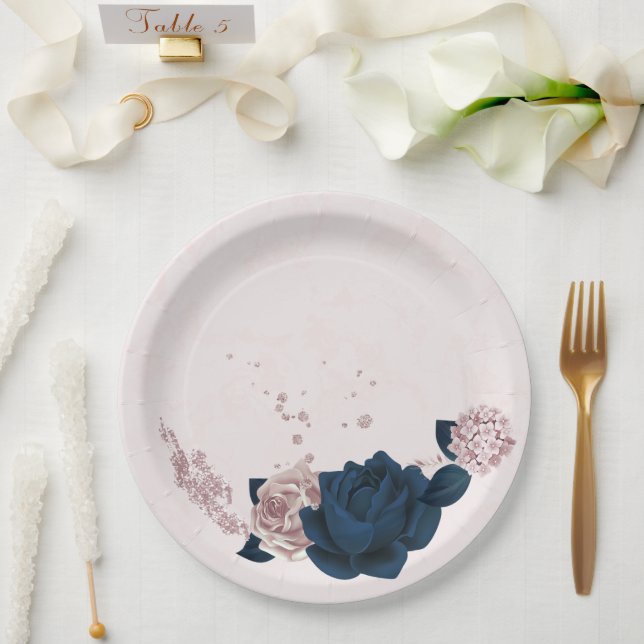 navy & dusty rose flowers paper plates (Wedding)