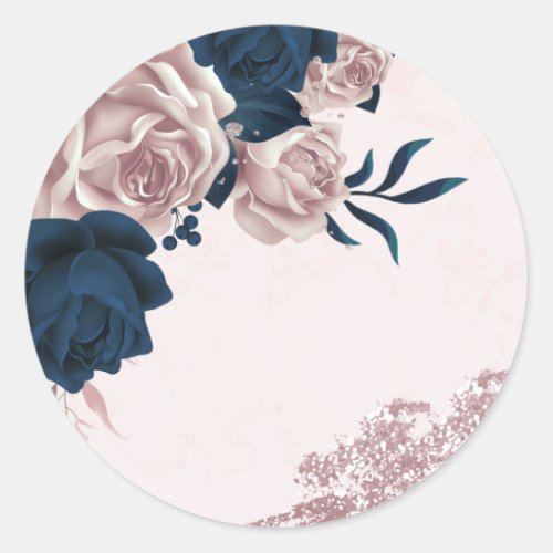 navy  dusty rose flowers pink classic round sticker