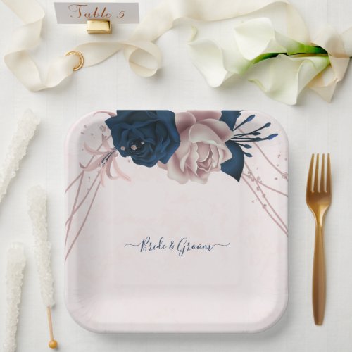 navy  dusty rose flowers pink paper plates