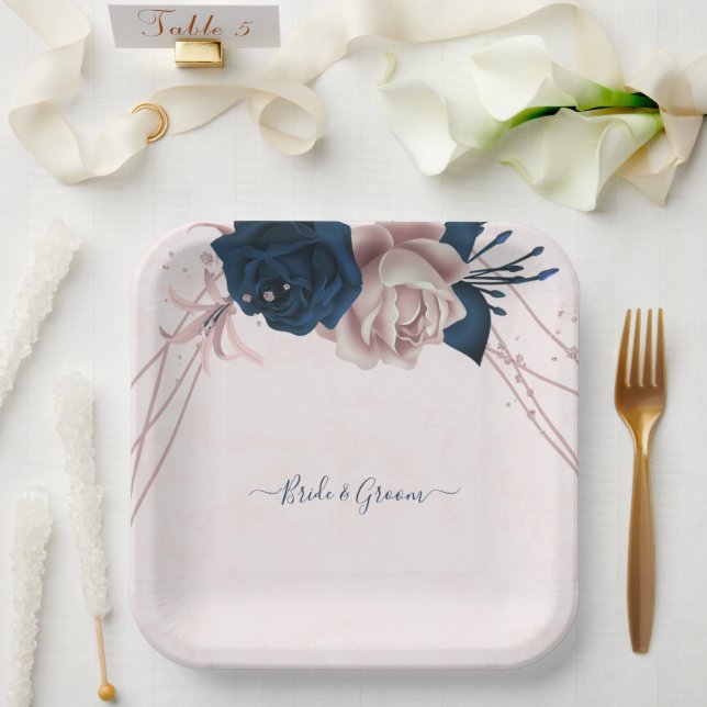 navy & dusty rose flowers pink paper plates (Wedding)