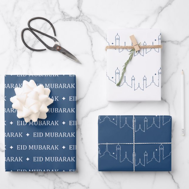 Navy Eid Mubarak Masjid Pattern Design Wrapping Paper Sheets (Front)