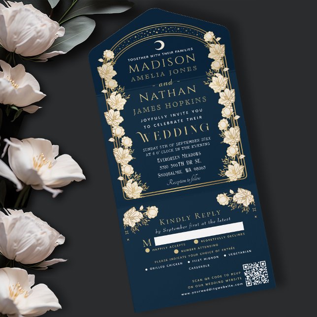 Navy Elegant Arch Art Nouveau QR Code Wedding All In One Invitation (Creator Uploaded)
