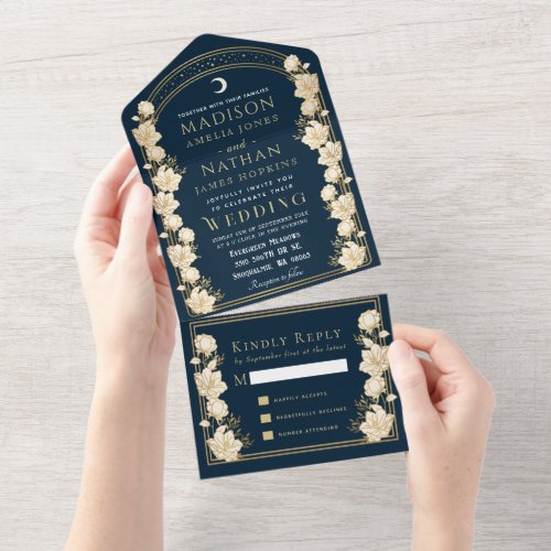 Navy Elegant Arch Art Nouveau Wedding All In One Invitation