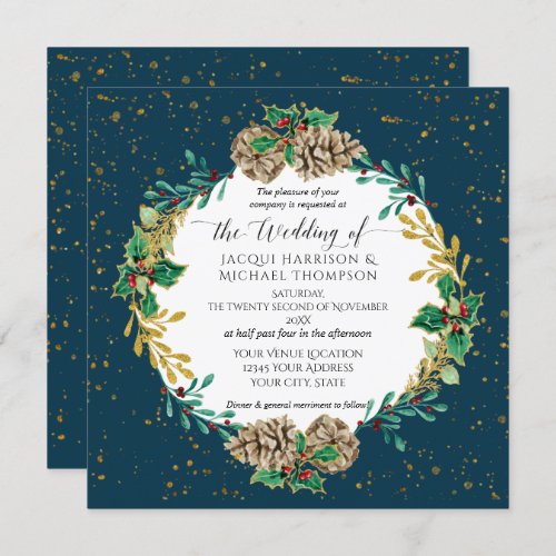 Navy Elegant Christmas Watercolor Gold Greenery Invitation