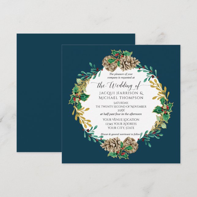 Navy Elegant Christmas Watercolor Gold Greenery Invitation (Front/Back)