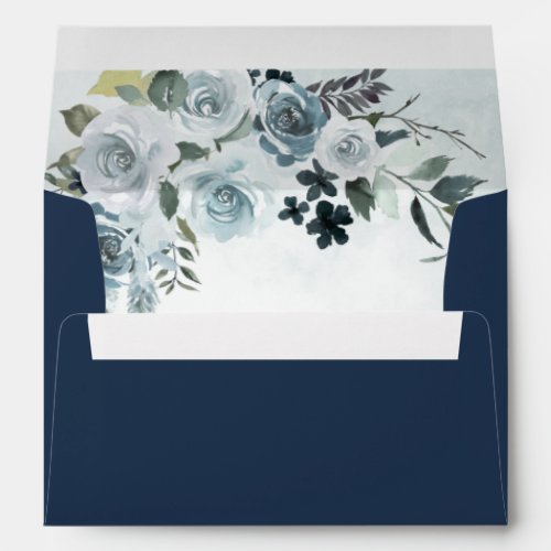 Navy Elegant Dusty Blue Floral Watercolor Wedding Envelope