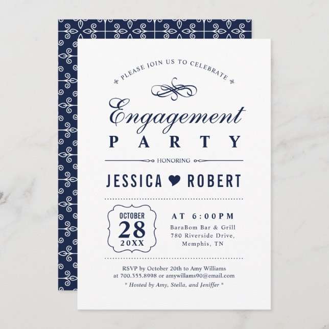 Navy | Elegant Engagement Party Invitation (Front/Back)