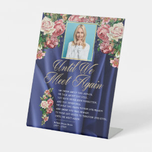 Navy Elegant Floral Rosy Photo Funeral Poem Pedestal Sign