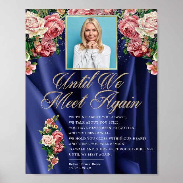 Navy Elegant Floral Rosy Photo Funeral Poem Sign (Front)