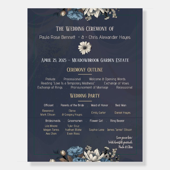 Navy Elegant Floral Wedding Program Foam Board (Front)