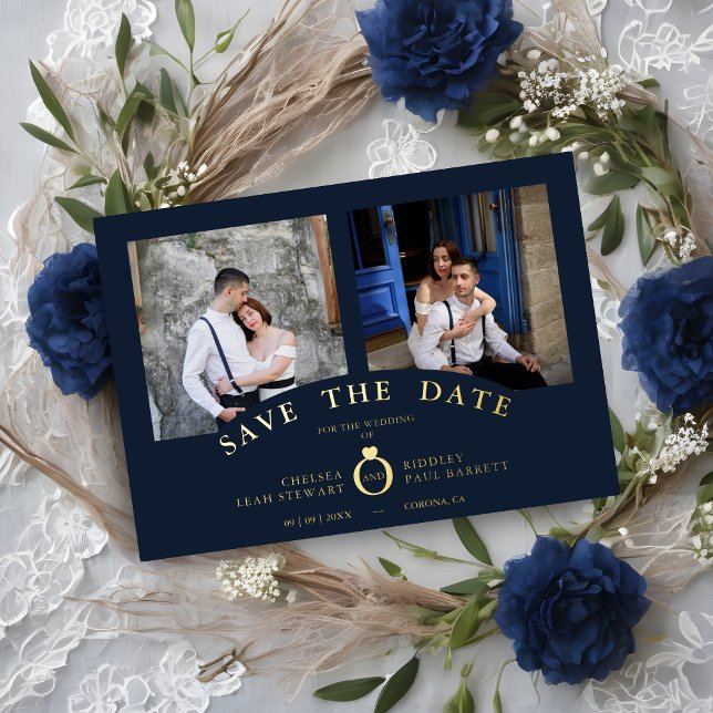 Navy Elegant Gold 2 Photos Sophisticated Wedding Foil Invitation (Navy Elegant Gold 2 Photos Sophisticated Wedding Real Metallic Foil Save the Card with Envelope. )