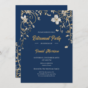 Navy Elegant Gold Floral Frame Retirement 2025 Invitation