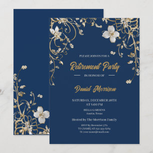 Navy Elegant Gold Floral Frame Retirement 2026 Invitation