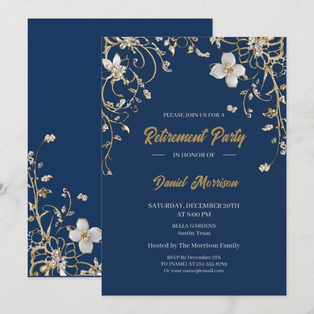 Navy Elegant Gold Floral Frame Retirement 2026 Invitation (Front/Back)