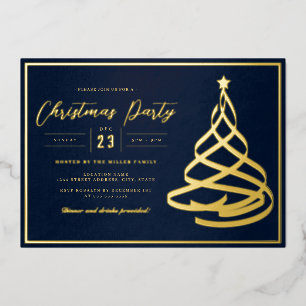 Navy Elegant Gold Tree Christmas Party Foil Invitation