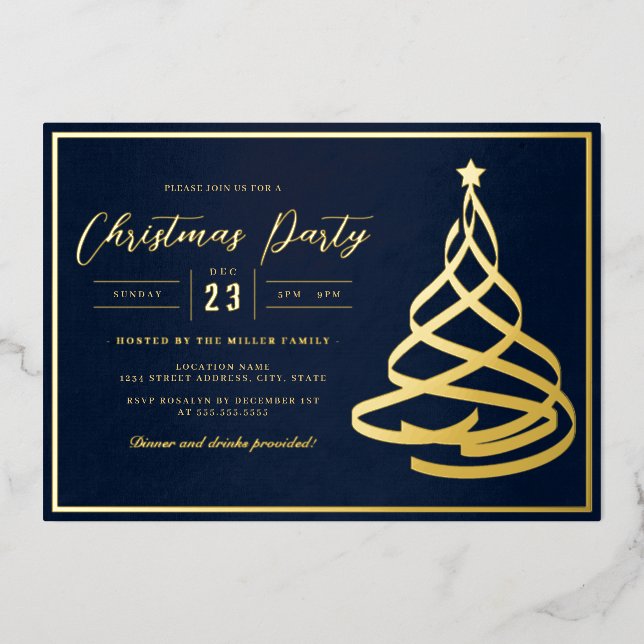 Navy Elegant Gold Tree Christmas Party Foil Invitation (Front)