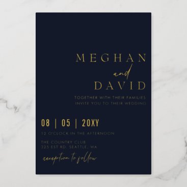 Navy Elegant Handwritten Simple Wedding   Foil Invitation