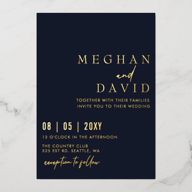 Navy Elegant Handwritten Simple Wedding   Foil Invitation (Front)