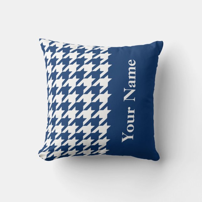 Navy Elegant Houndstooth with name Throw Pillow (Front)