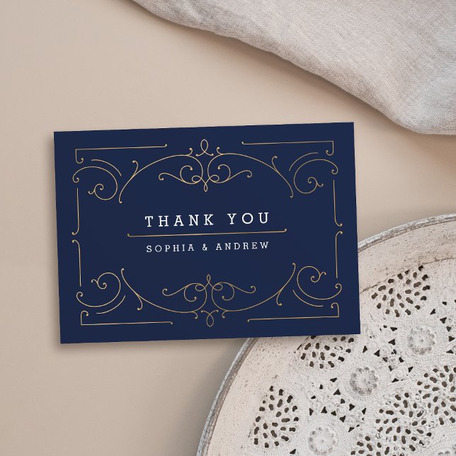 Navy elegant modern classic vintage wedding thank you card (Navy elegant modern classic vintage wedding thank you card)
