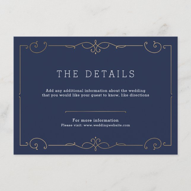 Navy elegant modern classic wedding detail card (Front)