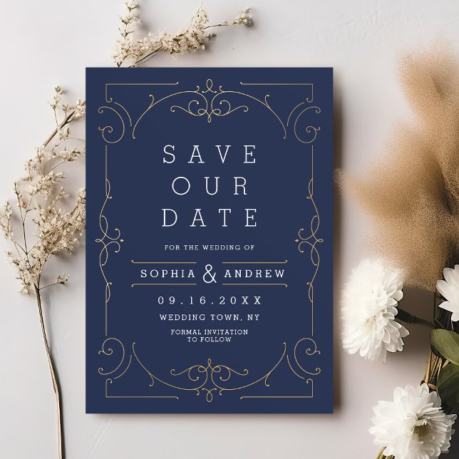 Navy elegant modern classic wedding save the date (Navy elegant modern classic vintage wedding invitation)