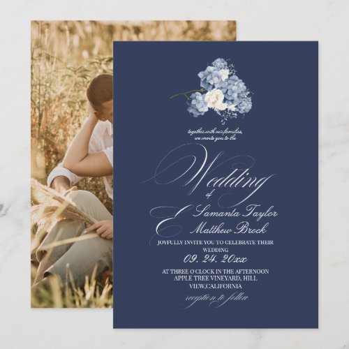 Navy Elegant Modern Delicate Wedding Photo Invitation