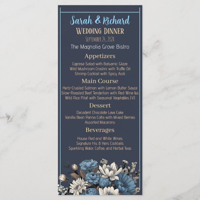 Navy Elegant Moody Floral Wedding Menu (Front)