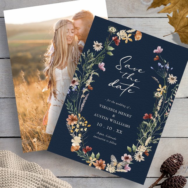 Navy Elegant Photo Boho Save The Date (Navy Elegant Photo Wildflower Boho Save The Date with Butterfly by Painted Paperie
)