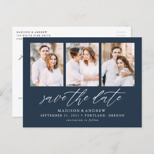 Navy Elegant Script 3 Photo Collage Save the Date Announcement Postcard