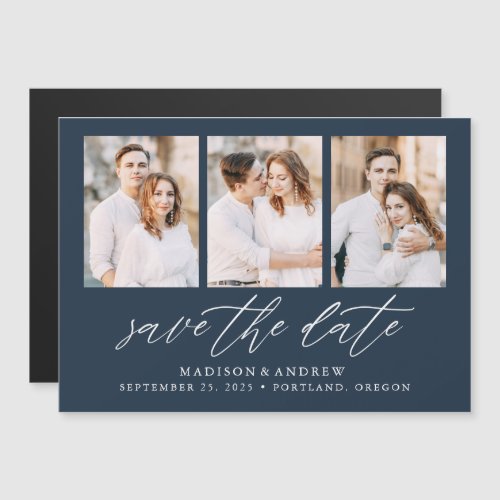 Navy Elegant Script 3 Photo Collage Save the Date Magnetic Invitation